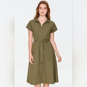 JDY green trench coat dress belted collared lagenlook Military size 36
